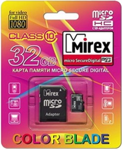 Карта памяти 32Gb - Mirex - Micro Secure Digital HC Class 10 13613-AD10SD32 с переходником под SD (Оригинальная!)