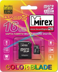 Карта памяти microSDHC 16Gb - Mirex - Micro Secure Digital HC Class 10 13613-AD10SD16 с переходником под SD